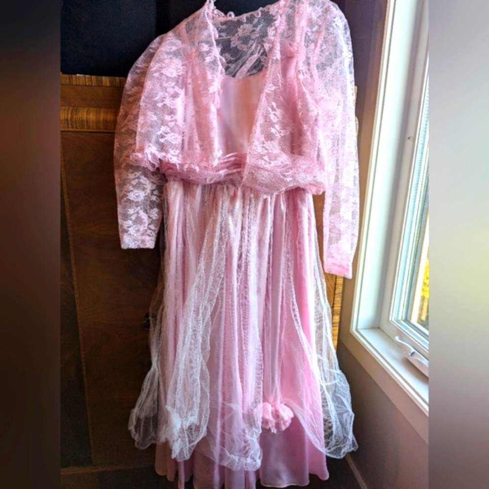 Pink Ruffled Tiered Gown with lace cardigan